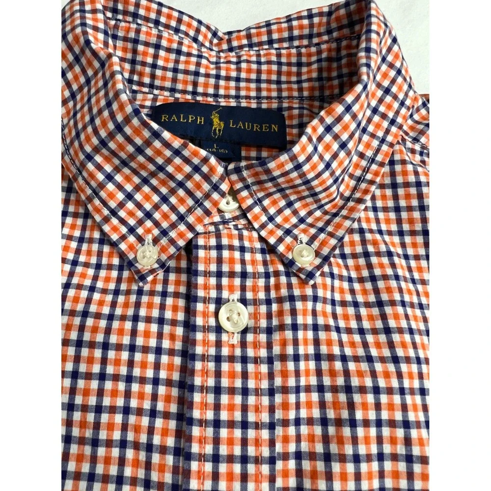 Ralph Lauren Button Down Kids Shirt Size L 14-16 Orange Blue Gingham Classic A57